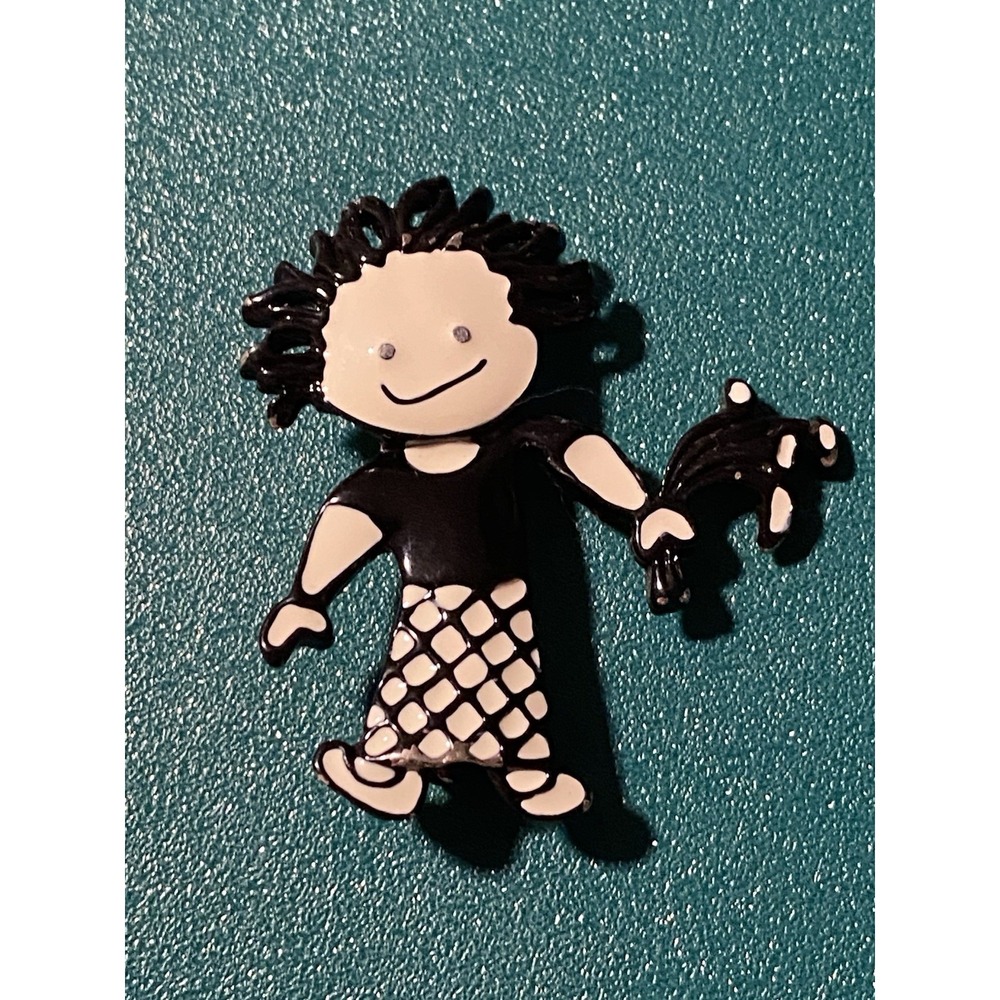 Vintage Steinmetz Enamel Girl Wild Child Brooch Signed SFJ Black & White Retro